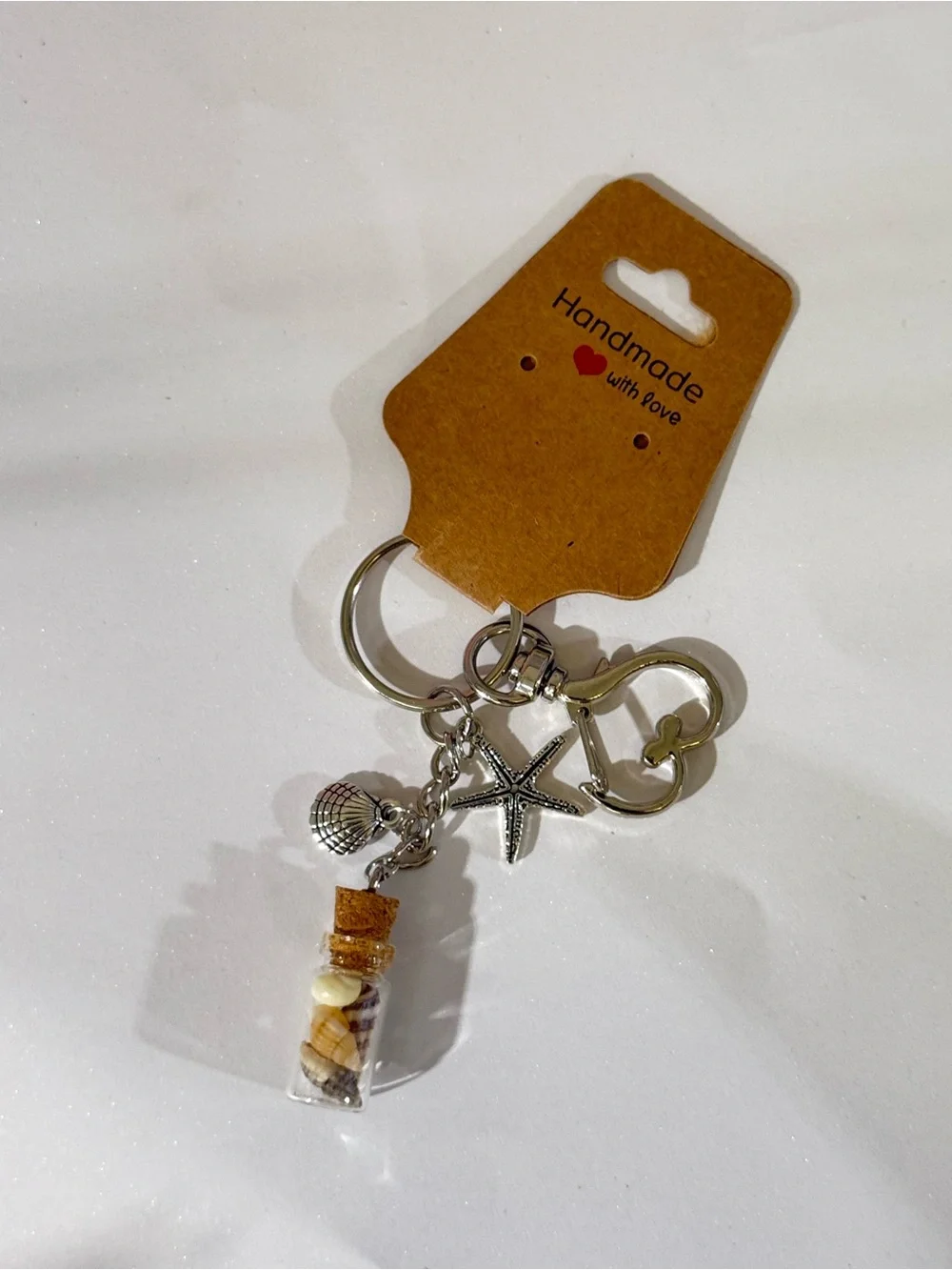 NWT Handmade Silver Heart Keychain/Bag Charm with Shells in a Bottle - Picture 8 of 8